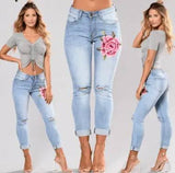 Blue low waist pencil Ripped embroidery jeans woman Stretch-1