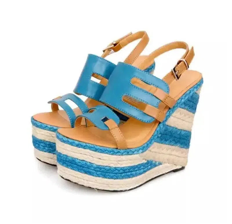 High heels sandals striped Straw shoes Casual-6