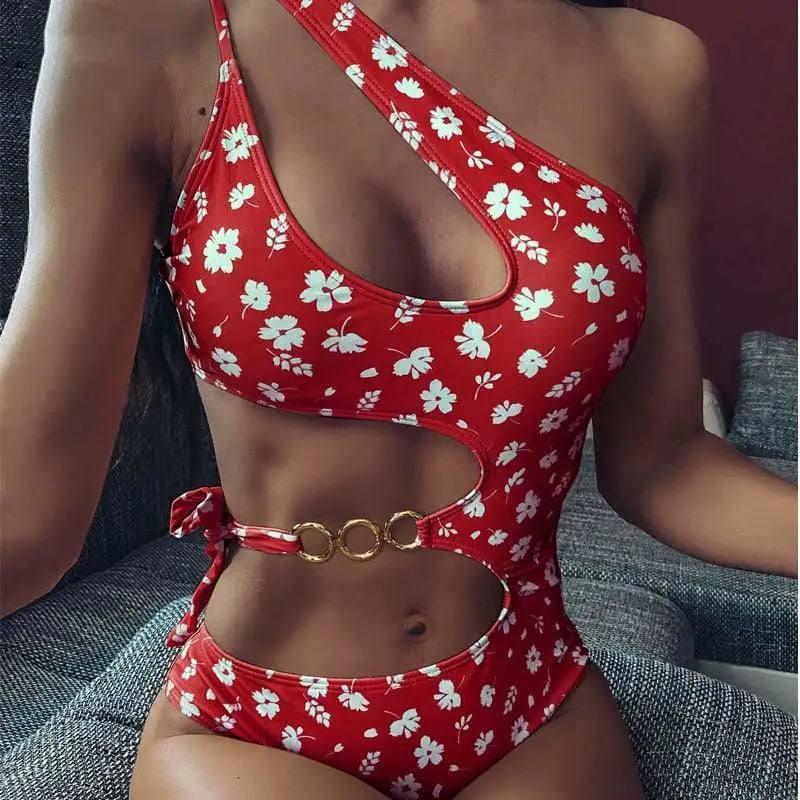 Bowknot small floral one-piece irregular bikini-2