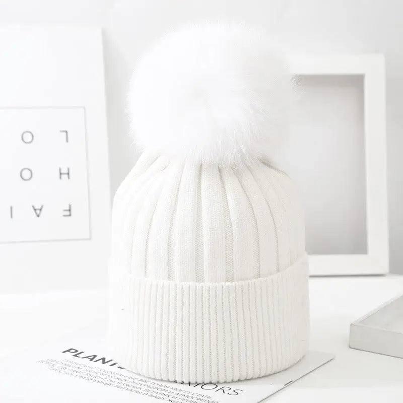 Boys And Girls Woolen Fox Fur Ball Knit Hat-White-9