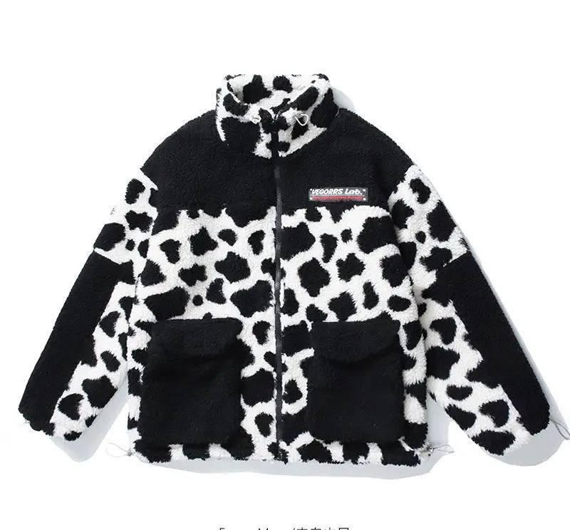 Camouflage Panda Cow Spotted Lamb Wool Coat Men And Women-Black-1