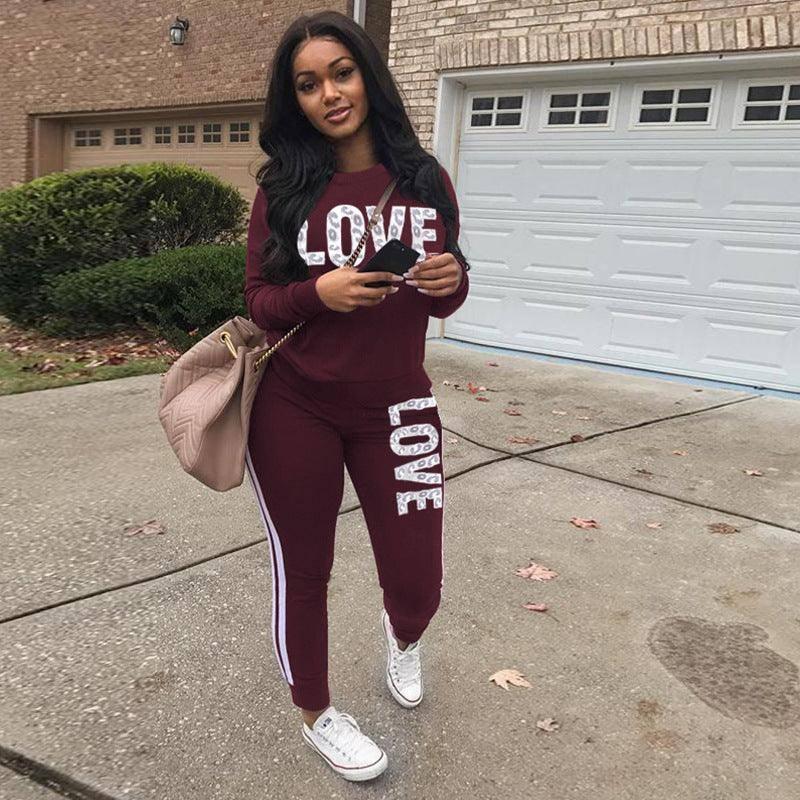 Casual Fashion Letter Printing Sports Suit-2 Wine Red-3