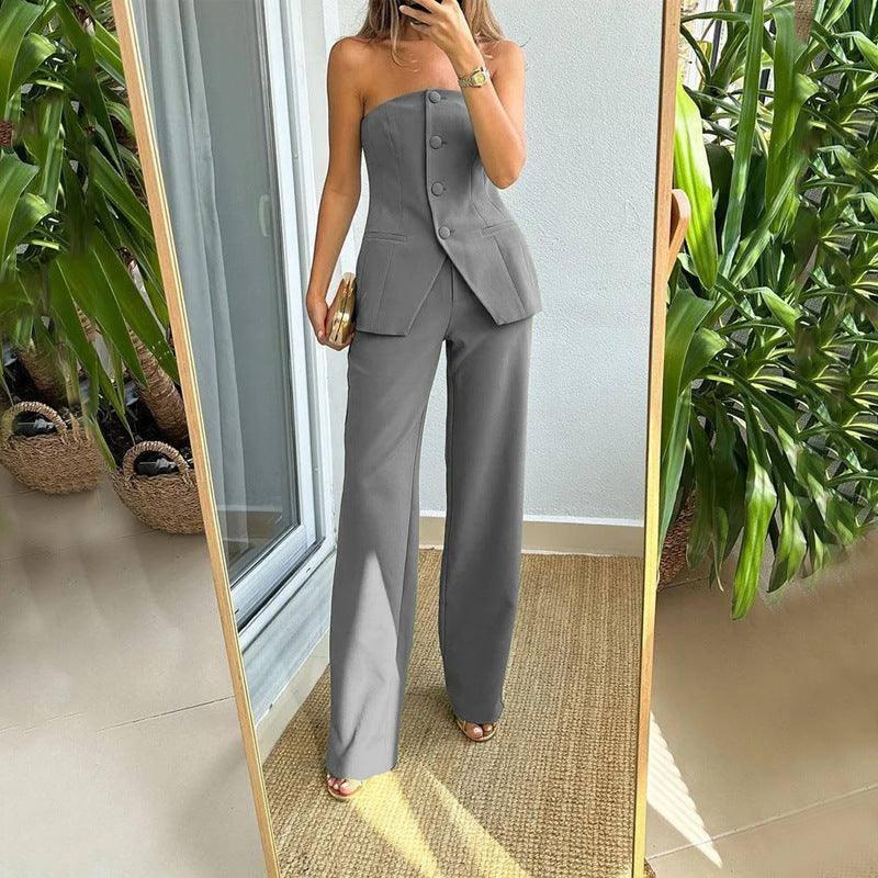 Casual Fashion Tailored Suit Button Graceful Tube Top Suit Pants-grey-6