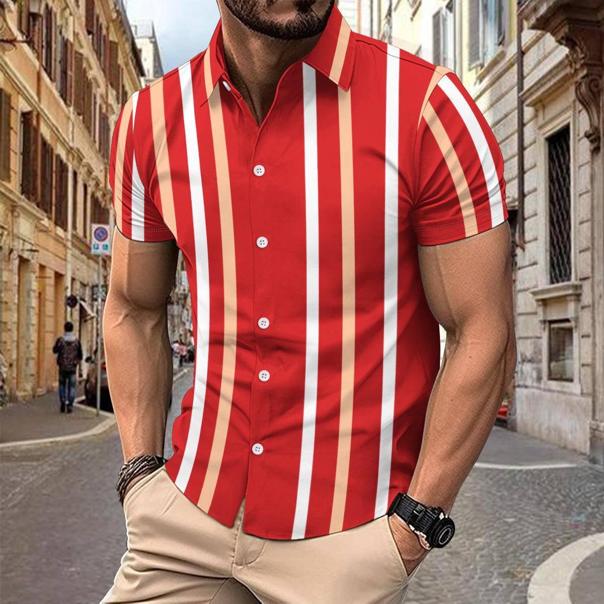 Casual Striped Printed Short Sleeve Shirt Summer Lapel-Wine Red-1