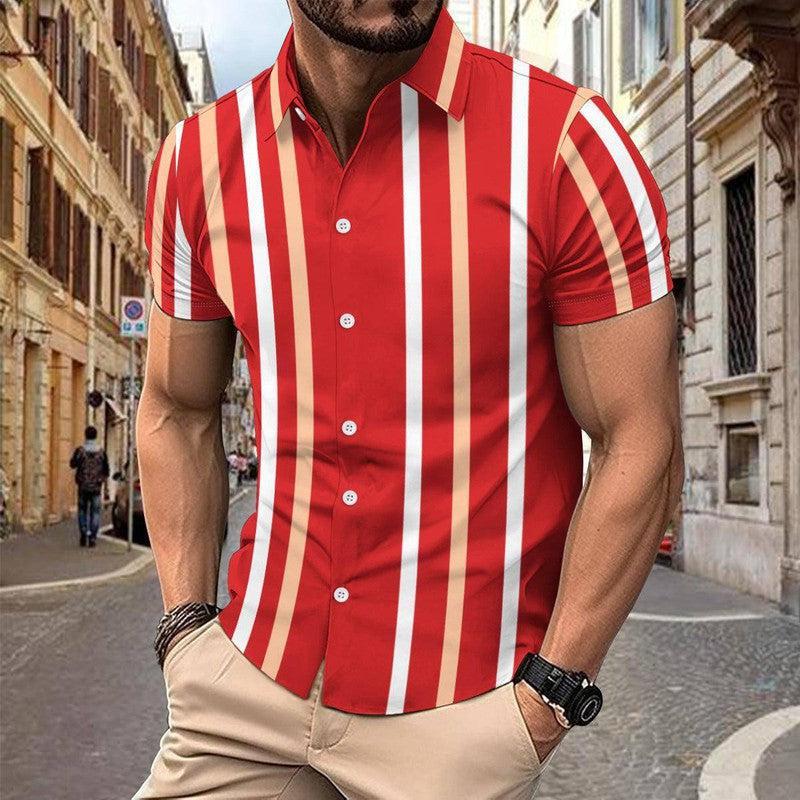 Casual Striped Printed Short Sleeve Shirt Summer Lapel Olive Green / 3XL-Wine Red-1