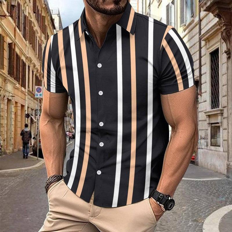 Casual Striped Printed Short Sleeve Shirt Summer Lapel Olive Green / 3XL-Black-2