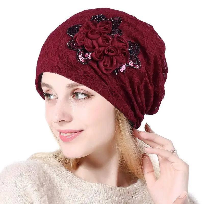 Casual Thin Lace Flower Pullover Hat-3