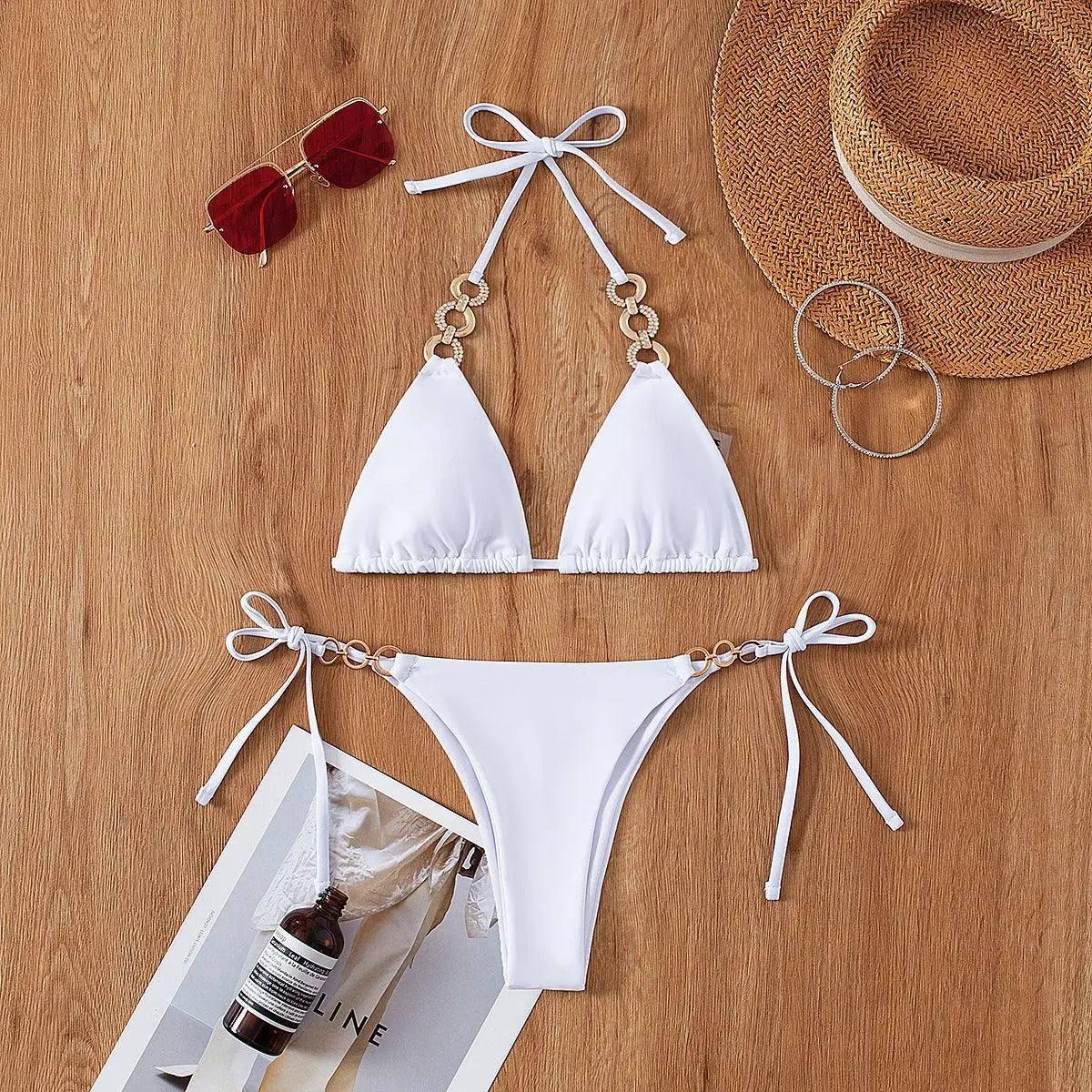 Chain Split Swimsuit Diamond Accessories-White-3