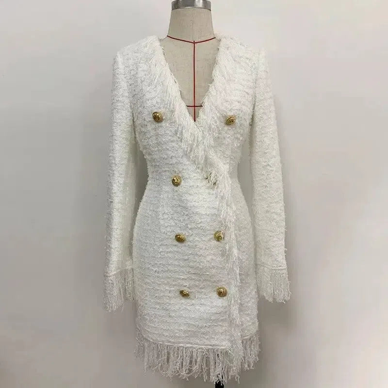 HIGH QUALITY Newest 2024 Designer Runway Women's Long Sleeve Metal Lion Buttons Fringed Tweed Tassel Dress-WHITE-3