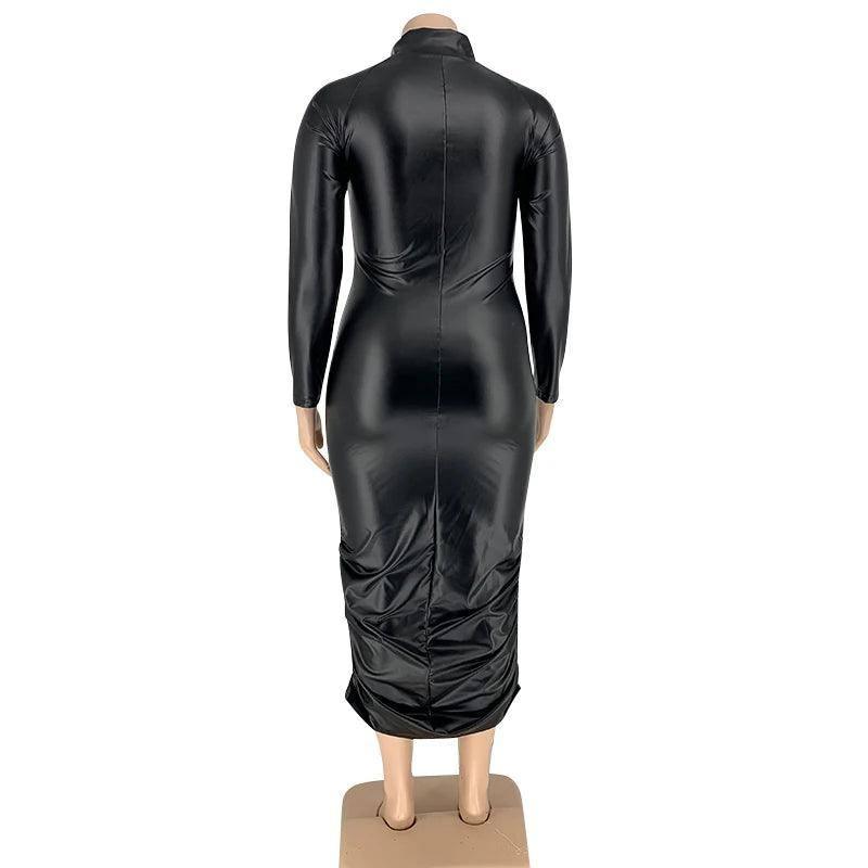 PU Leather Plus Size 5XL Dresses for Women Zip Up Full Sleeve Stretch Offie Lady Elegant Black Maxi Dress Wholesale Dropshipping-3