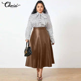 Chic Plus-Size Polka Dot Blouse and Leather Skirt-2