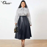 Plus Size Party Midi Skirt 2023 Autumn Women Solid Winter PU Leather Skirts Celmia Office Retro Long Skirts High Waist OL Skirt-3