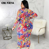 CM.YAYA Women Plus Size Dress Print Full Sleeve O-neck Zipper Stretchy Skinny Pencil Dresses Vintage Vestidos Autumn Outfit 2021-5