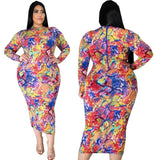 CM.YAYA Women Plus Size Dress Print Full Sleeve O-neck Zipper Stretchy Skinny Pencil Dresses Vintage Vestidos Autumn Outfit 2021-Serpentine-9