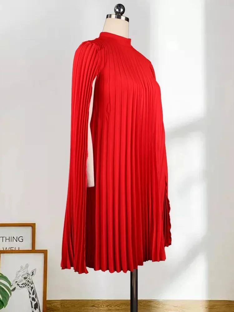 Plus Size Women Oversized Pleat Dress Mock Neck Cloak Sleeve Loose Short Dresses Curve Female Summer Birthday Party Club Wear-4