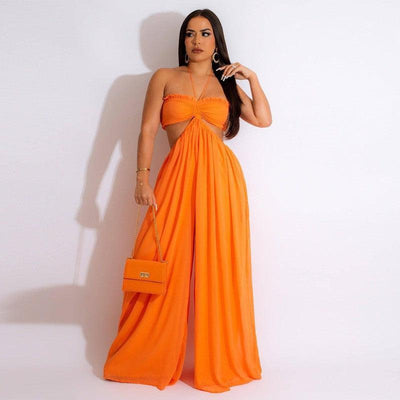 Chiffon Chest-wrapped Bare Back Wide-leg Jumpsuit European-S-1