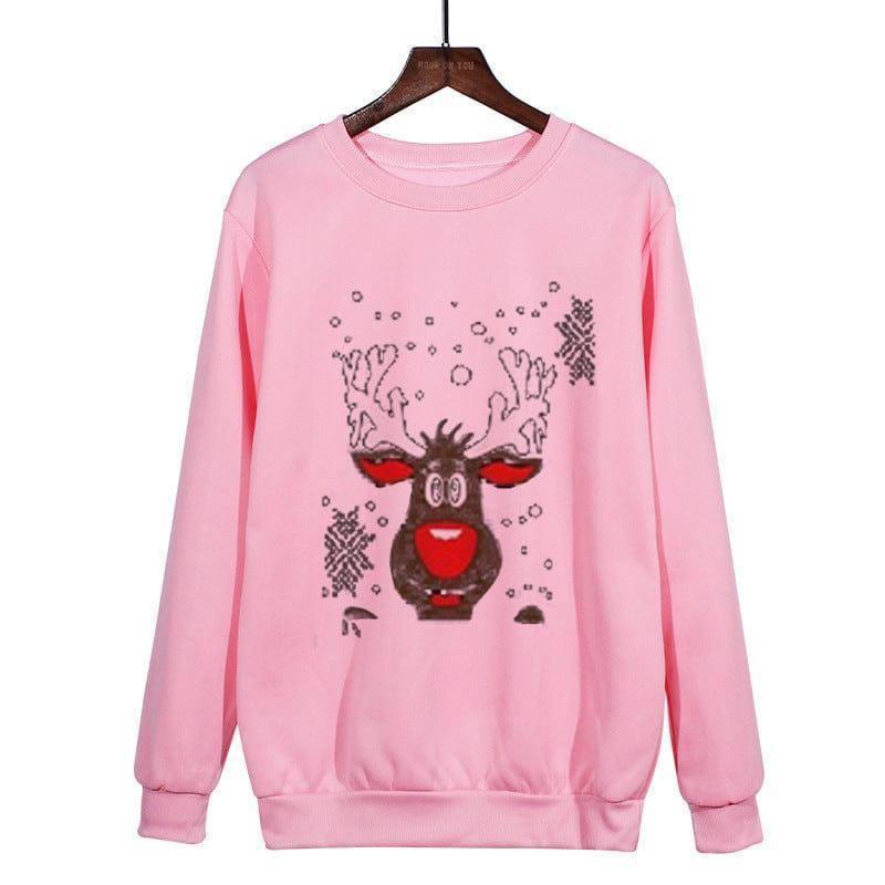 Christmas Antlers Cute Print Crew Neck Sweater-Pink-6