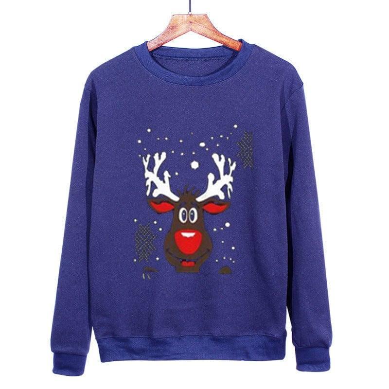 Christmas Antlers Cute Print Crew Neck Sweater-Navy Blue-9