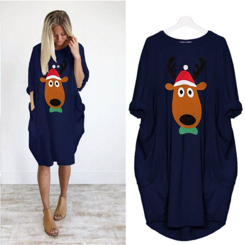 Christmas print sweater dress-Navy Blue-5