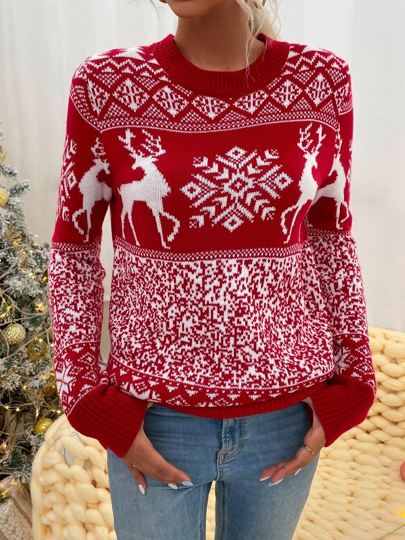 Christmas Woolen Round Neck Long-sleeved Sweater Women's-Red-3