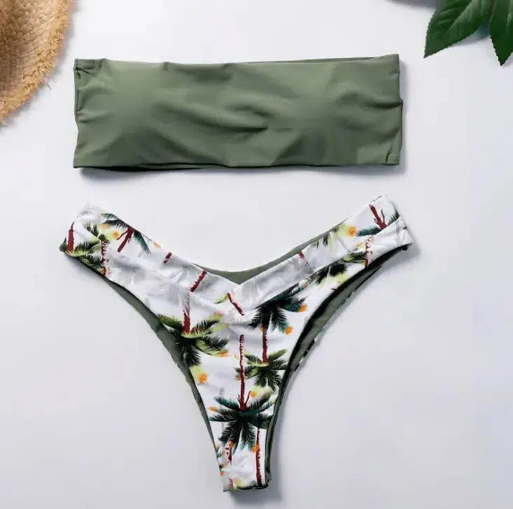 Coconut tree printing new bikini bow European and American-ArmyGreen-1