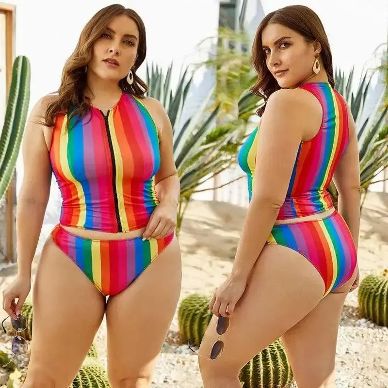 Color striped plus size swimsuit-1