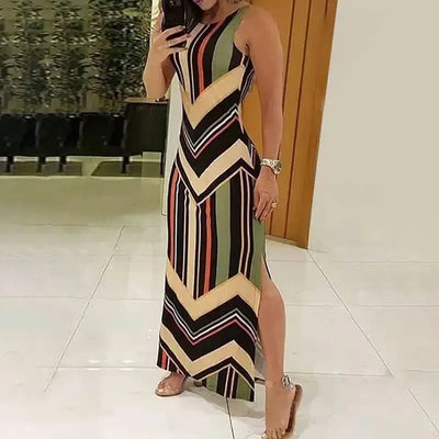 Colorful Striped Print Side Slit Maxi Dress Women Colorblock-2