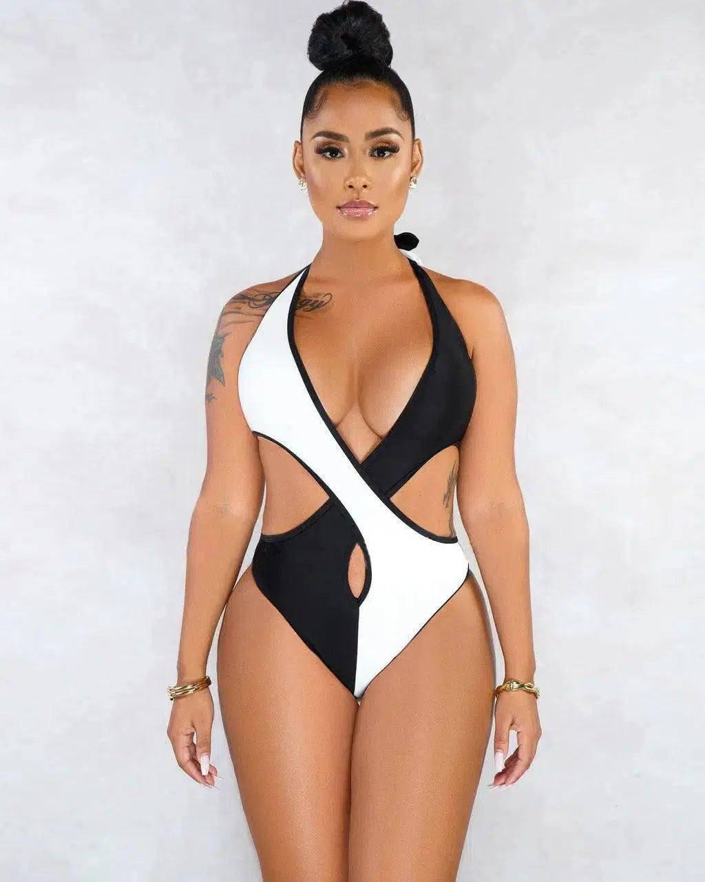 Contrast Stitching Skinny Suspender Swimsuit Bikini-Whiteandblack-2