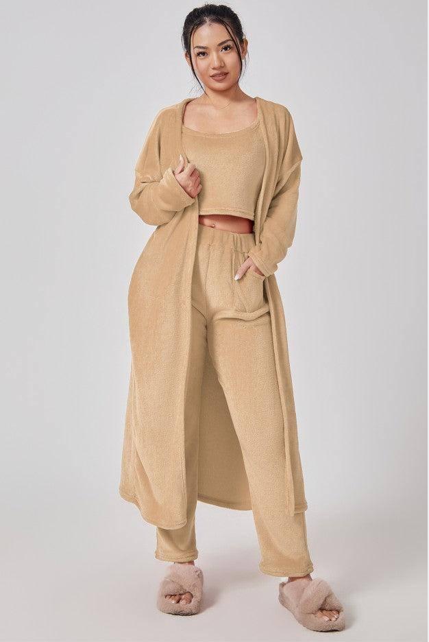 Cozy Pajama Set, 3 Piece Lounge Set, Cute Loungewear, Warm Suit Sets, Matching Set, Lounge Set, 3 Piece Pant Sets, Women Winter Dress-Camel-12