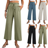 Drawstring High Waist Straight Pants Summer Casual Solid Beige / XL-1