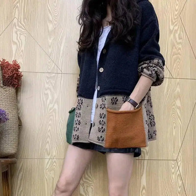 Early Autumn Jacquard Knitted Cardigan Women's Coat-Black-4