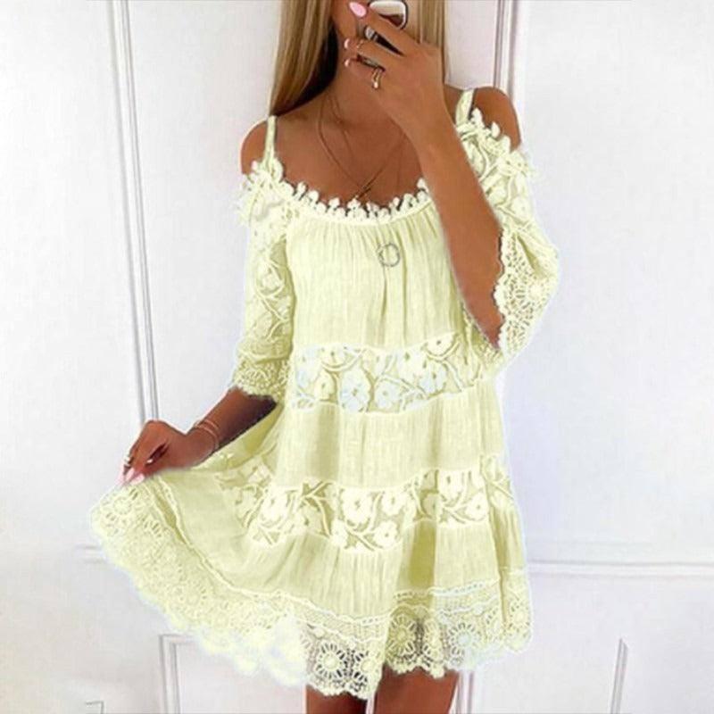 Elegant Off-Shoulder Princess Lace Dress-Yellow-3