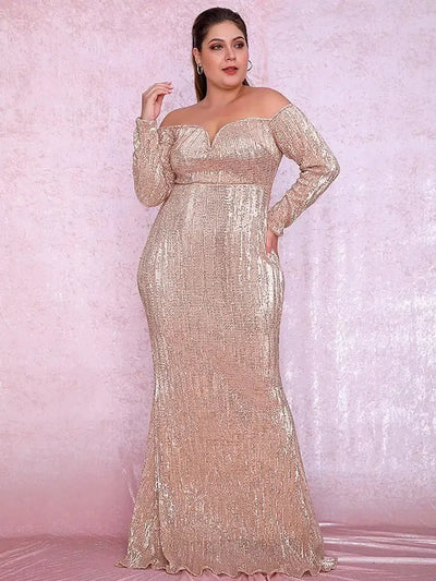 LOVE&LEMONADE Plus Size Rose Gold Deep V-Neck Off-The-Shoulder Bodycon Elastic Sequins Maxi Dress LM80273PLUS-2