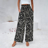 Elegant Printed Trousers Summer Loose Elastic High Waist Green / XL-Black-2