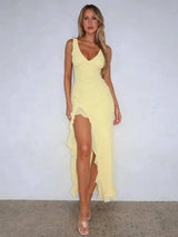 Elegant Sleeveless Ruffle Maxi Dress - Deep V Neck-S-3