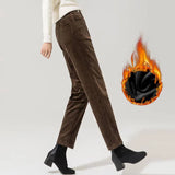 Elegant Striped Pants Tapered Corduroy Women-Coffee, Fleece Lining-5