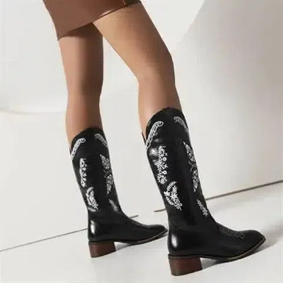 Embroidered Square Toe Mid-heel Boots For Women-2