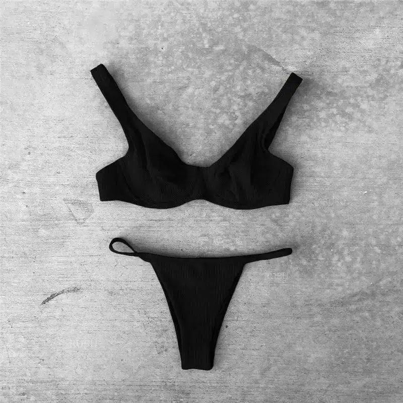 European and American underwire solid color bikini-Black-2