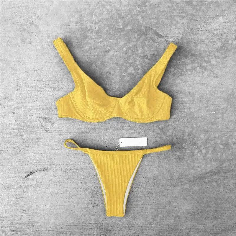 European and American underwire solid color bikini-Yellow-4