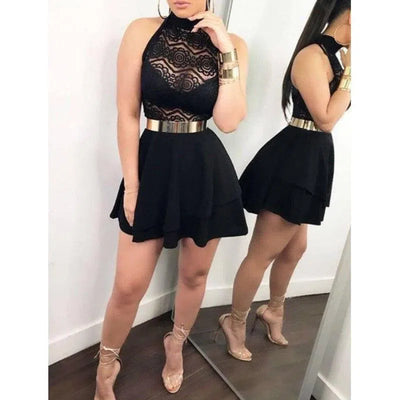 Elegant Black Lace Halter Mini Dress with Gold Belt-Black-1