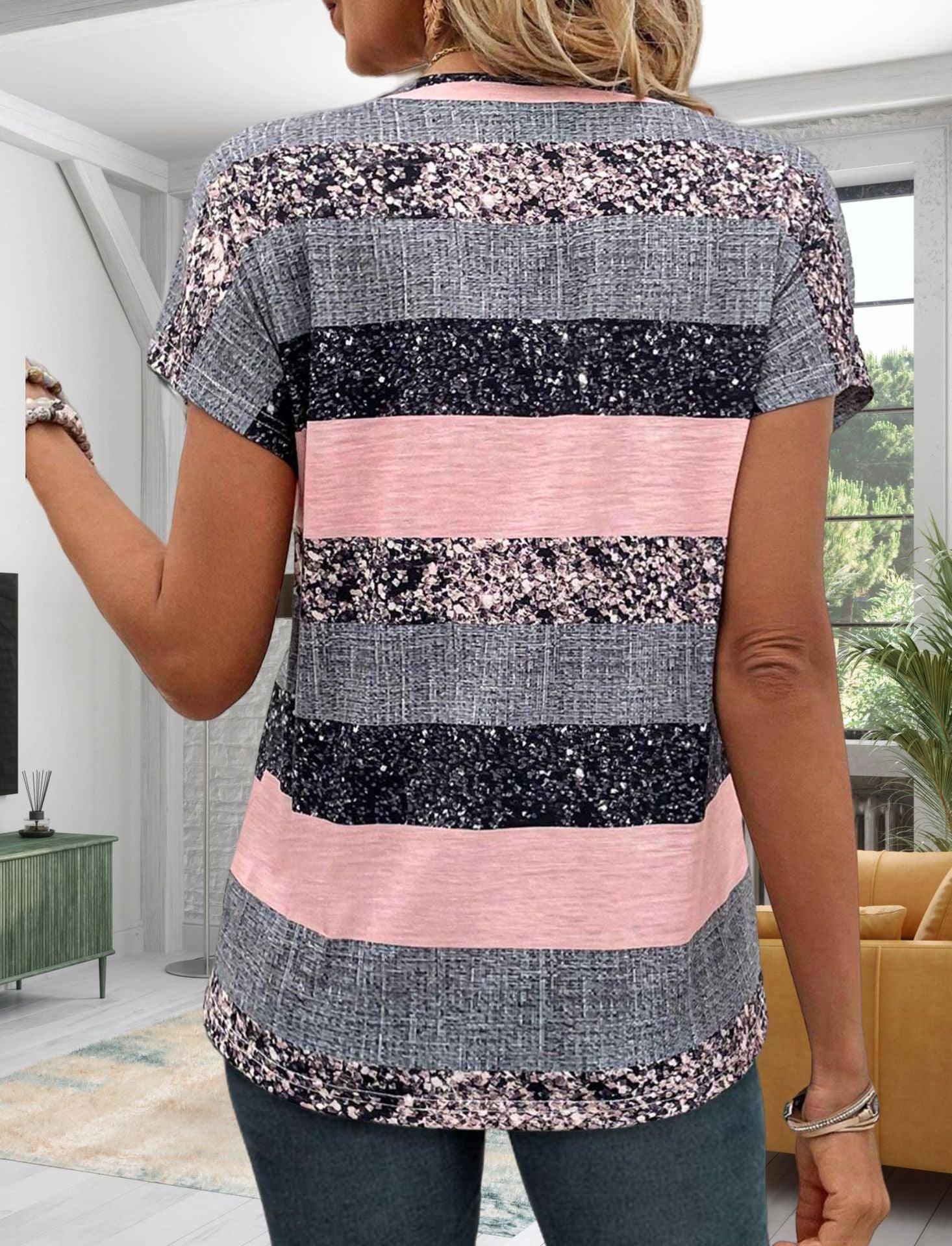 European And American Summer Short Sleeve Striped V-neck 3D-10