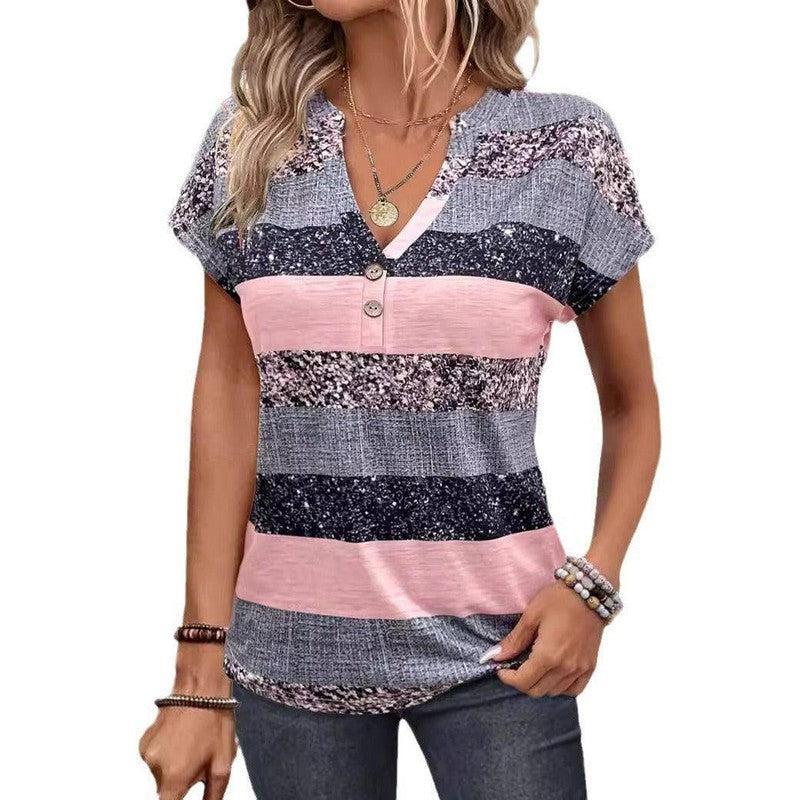 European And American Summer Short Sleeve Striped V-neck 3D-5