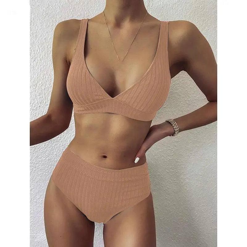 European And American Swimwear Women'S Ribbed High-Waisted-Khaki-2