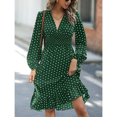 European And American Waist Slimming Polka Dot Long Sleeve-Green-7