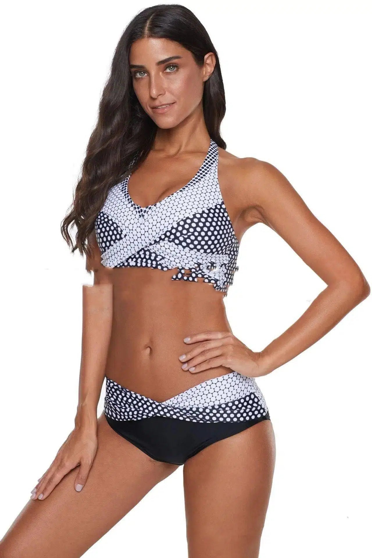 European And Beautiful Sexy Gathered Split Swimsuit-blackwhite-1