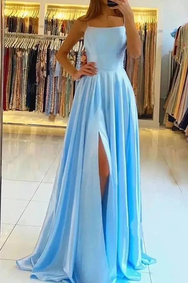 Evening Dress Prom Robe Formal Simple Split-Sky Blue-3