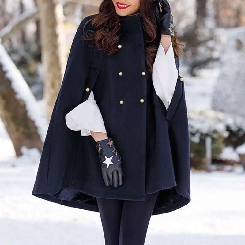 Fashion Casual Women's Loose Woolen Cloak Coat-NavyBlue-5