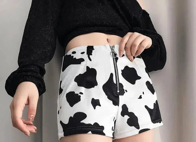 Fashion cow print slim zipper shorts women's casual pants-4