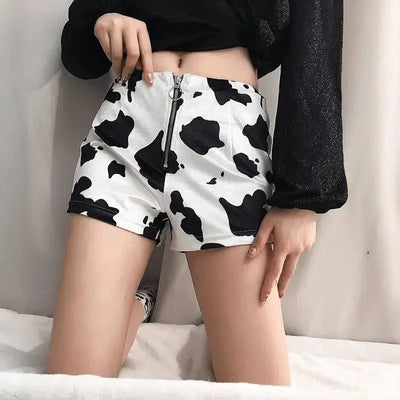 Fashion cow print slim zipper shorts women's casual pants-White-9