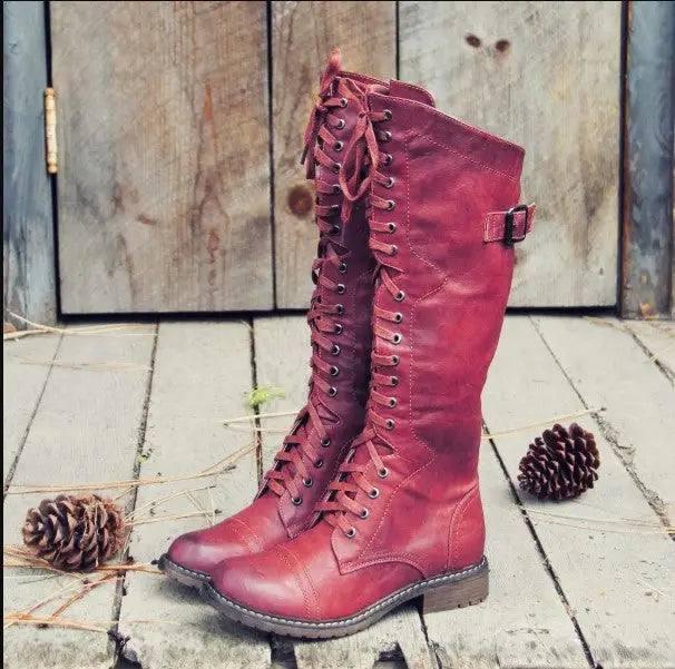 Fashion Cross Strap Knight Boots Women-Red-8